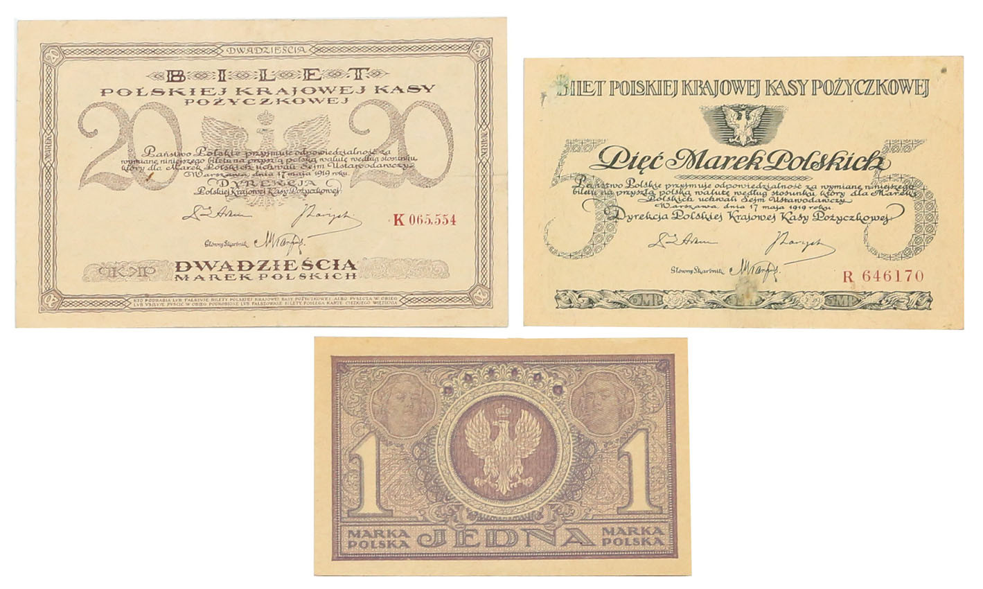 1, 5, 20 marek polskich 1919 - zestaw 3 banknotów